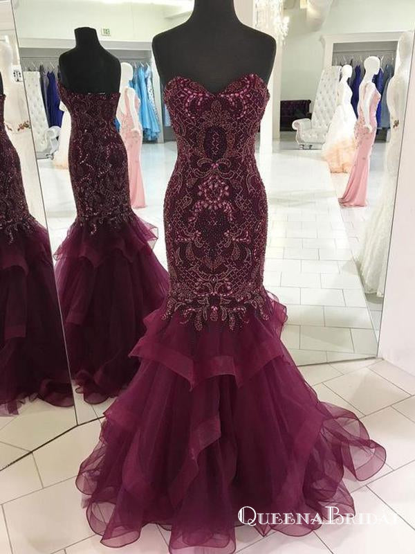 Purple Sweetheart Sleeveless Long Mermaid Prom Dresses With Beaded, QB0758