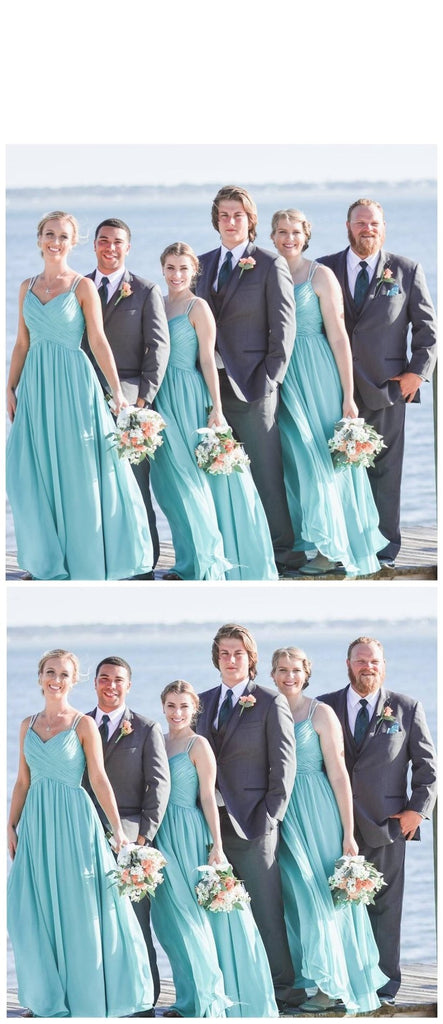 Tiffany Blue Straps Chiffon Custom Cheap Long Bridesmaid Dresses, WG241