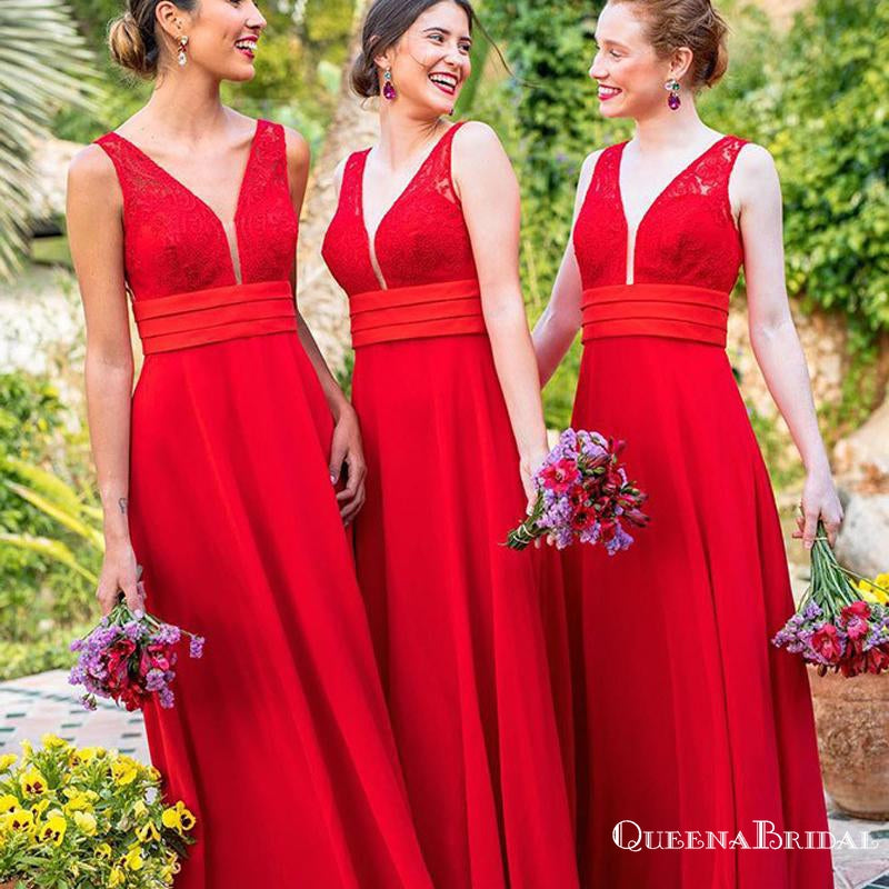 A-Line V-Neck Red Chiffon Long Cheap Bridesmaid Dresses with Applique, QB0847