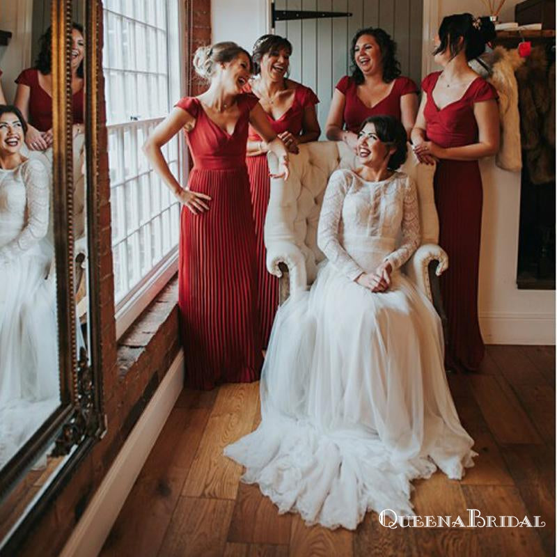 A-Line V-Neck Red Cap Sleeve Pleated Bridesmaid Dresses with Lace, QB0748