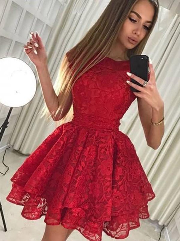 Red Cap Sleeve Lace Cheap Short Homecoming Dresses with Bow Knot, QB0211