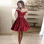 Red A-Line Off-Shoulder Short Satin Cheap Beaded Homecoming Dresses with Pockets, QB0043