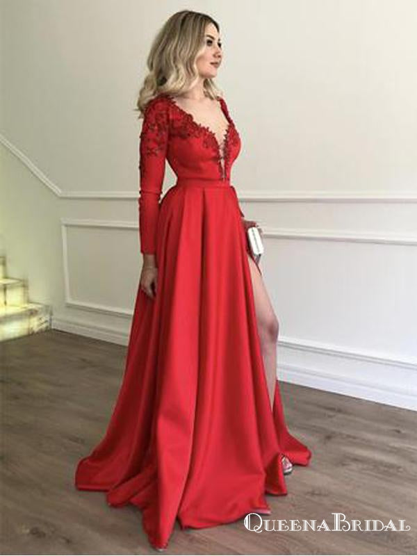 Stylish Embroidery Beaded Long Sleeves Satin Evening Prom Dresses, QB0781