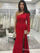 Red One Shoulder Long Sleeve Mermaid Prom Dresses With Lace Appliques, QB0653