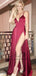 Simple Spaghetti Straps Pink Side Slit Cheap Evening Prom Dresses, QB0403