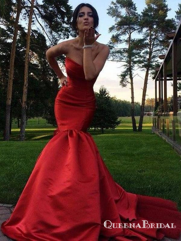 Charming Mermaid Sweetheart Red Satin Long Prom Dresses, QB0566