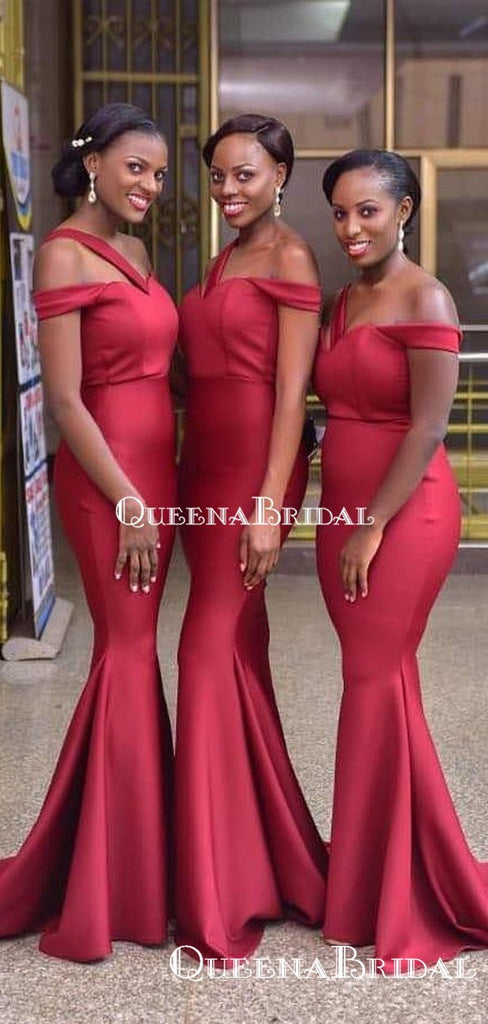 Off-The-Shoulder Red Mermaid Long Cheap Bridesmaid Dresses, BDS0095