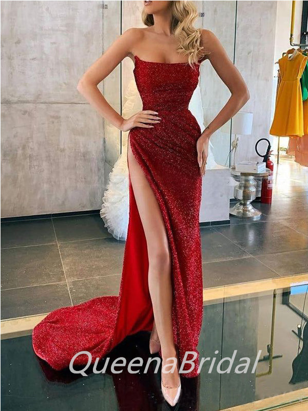 Sexy Red Mermaid Strapless High Slit Cheap Maxi Long Prom Dresses,WGP270