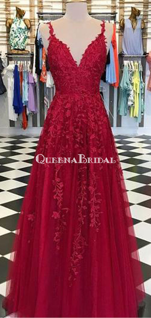 Spaghetti Straps Lace Dark Red Cheap Long Evening Prom Dresses, Cheap Custom Sweet 16 Dresses, PDS0077