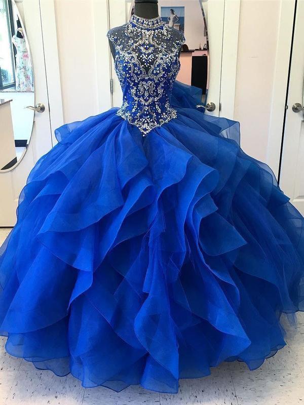 Royal Blue Organza High Neck Quinceanera Dresses Burgundy Prom Dresses, QB0333