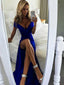 A-Line Off the Shoulder Split Front Royal Blue Satin Prom Dresses, QB0255