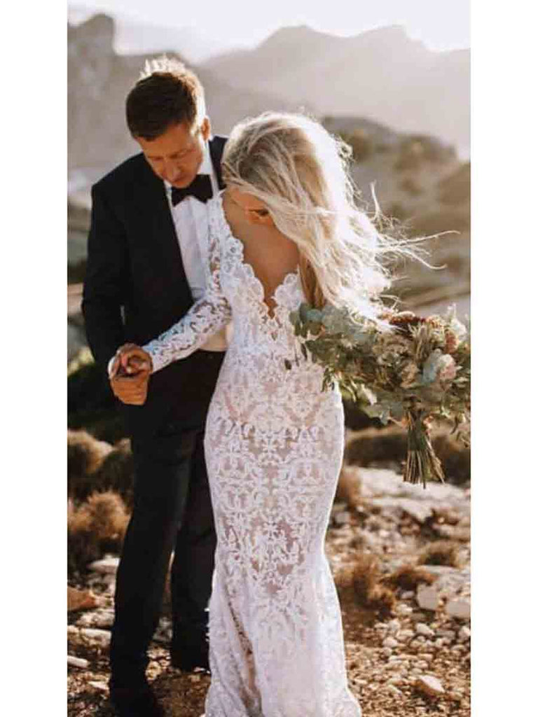 See Through Lace Rustic Wedding Dresses Long Sleeve Mermaid Wedding Dresses, QB0322