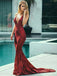 Sexy Backless Burgundy Mermaid Prom Dresses Deep V Neck Formal Dresses, QB0309