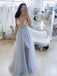 Deep V-Neck Beaded Sky Blue Tulle Formal Prom Dresses With Side Slit, QB0463