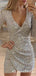 Sparkly Silver Sequin V-neck Long Sleeves Short Party Homecoming Dresses, HDS0004