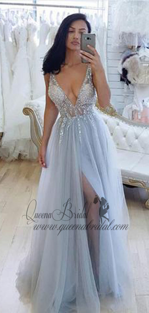 Deep V-Neck Beaded Sky Blue Tulle Formal Prom Dresses With Side Slit, QB0463