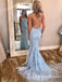 Spaghetti Strap Sky Blue Mermaid Prom Dresses Backless Pageant Formal Dresses, QB0332