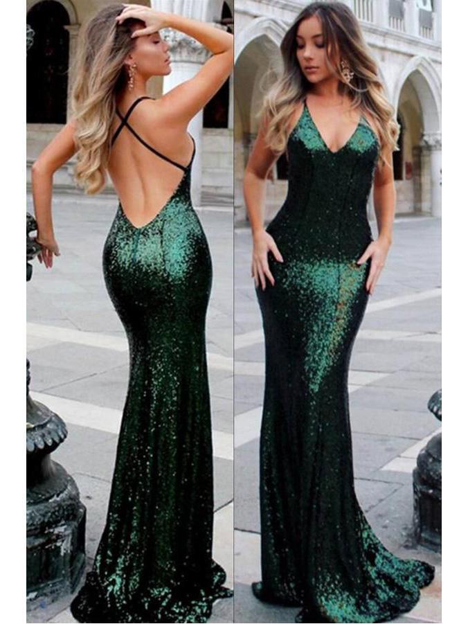 Spaghetti Strap V-neck Burgundy Sequins Sexy Mermaid Prom Dresses, QB0271