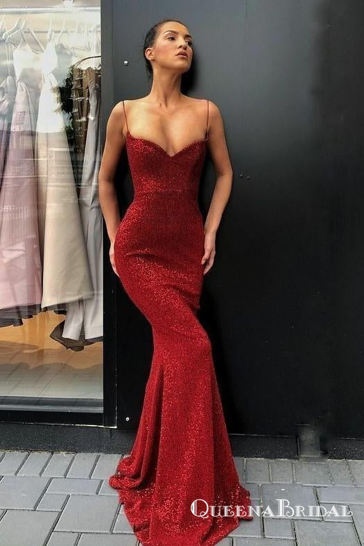 Spaghetti Straps Sexy Red Sequin Long Cheap Mermaid Prom Dresses, QB0554