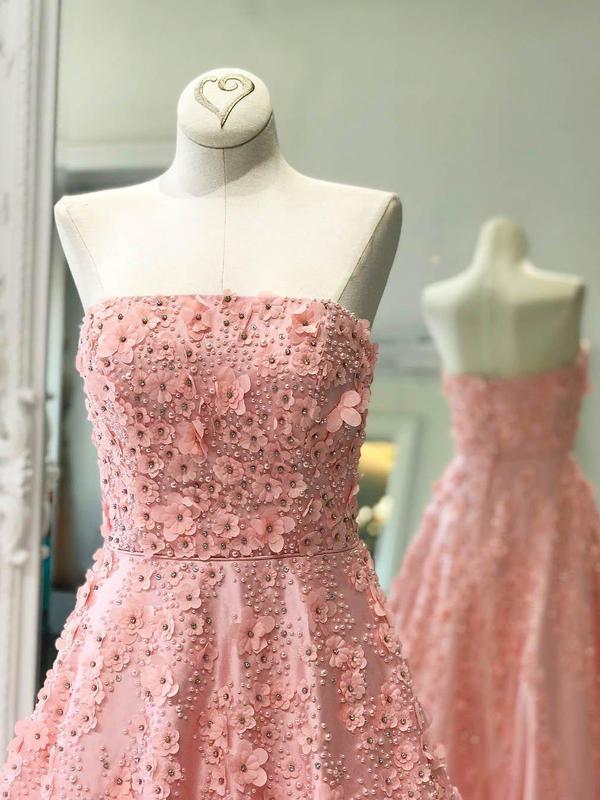 Strapless Beaded Appliqued Pink Long Prom Dresses Quinceanera Dresses, QB0350