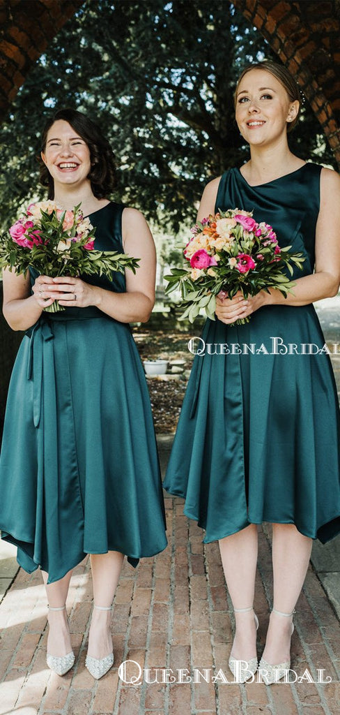 Charming Elegant Round Neck Sleeveless Teal Elastic Silk A-line Short Cheap Bridesmaid Dresses, BDS0001