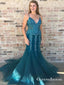 Mermaid Spaghetti Straps Turquoise Prom Dresses with Appliques&Beaded, QB0539