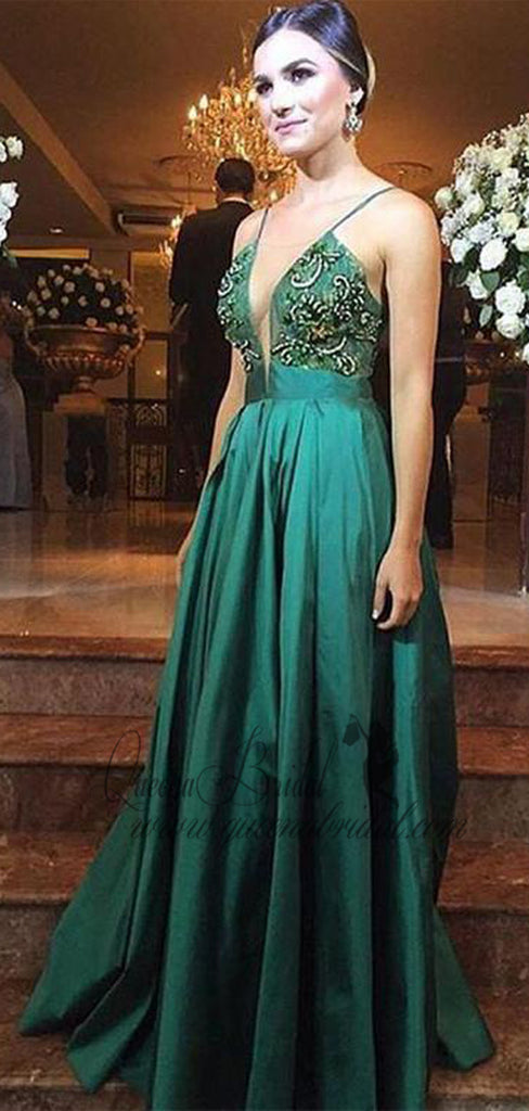 Charming Spaghetti Straps V-neck Green Beaded Formal Long Prom Dresses, QB0478