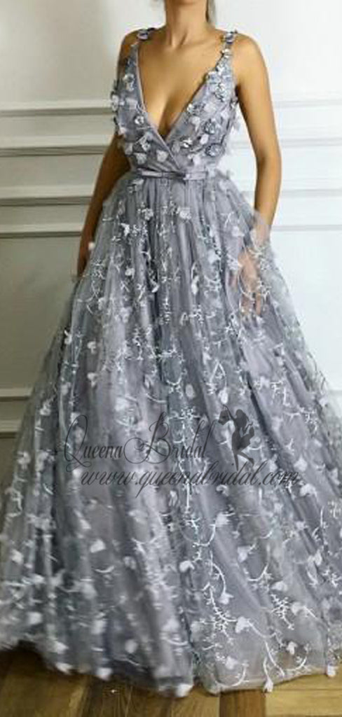 Popular V Neck Gray Flower A-line Long Evening Prom Dresses, QB0457