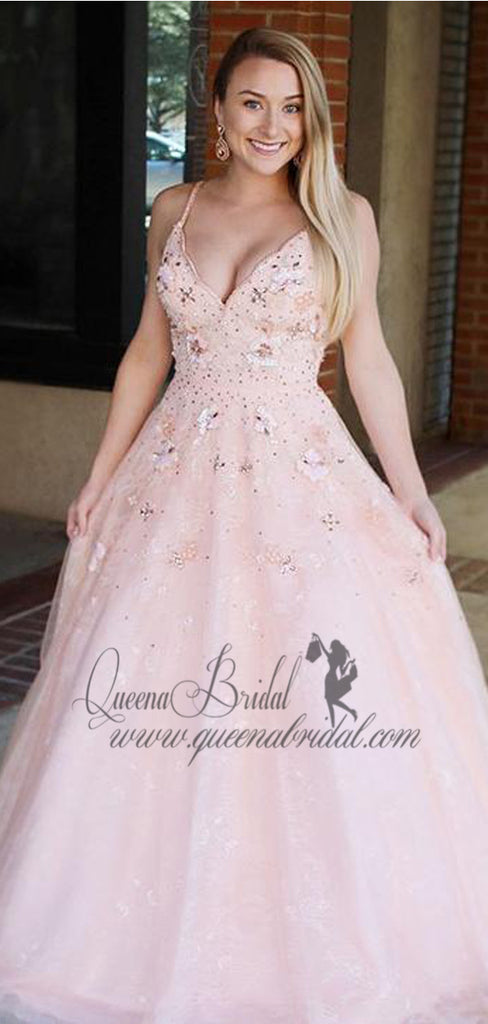 Pink Spaghetti Strap V-neck Tulle Long Prom Dresses With Beaded & Applique, QB0465