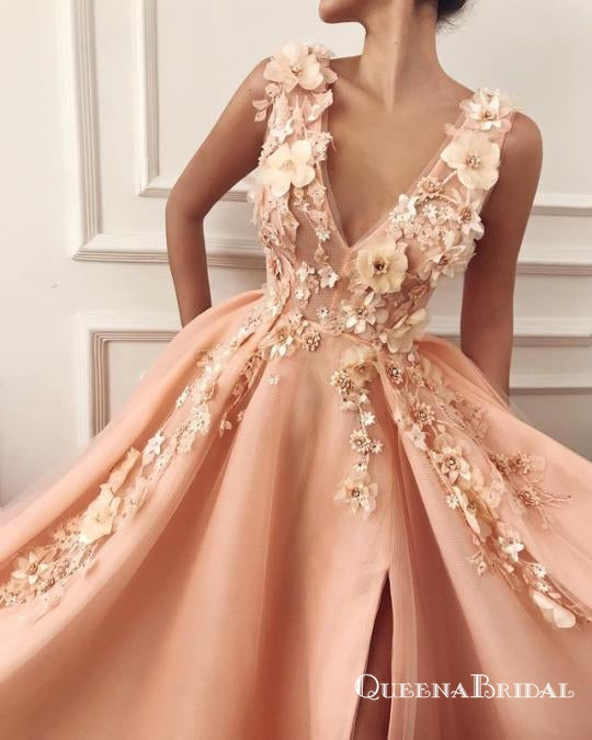 Unique A-Line V Neck Orange Satin Long with Floral Appliques Prom Dresses, QB0561