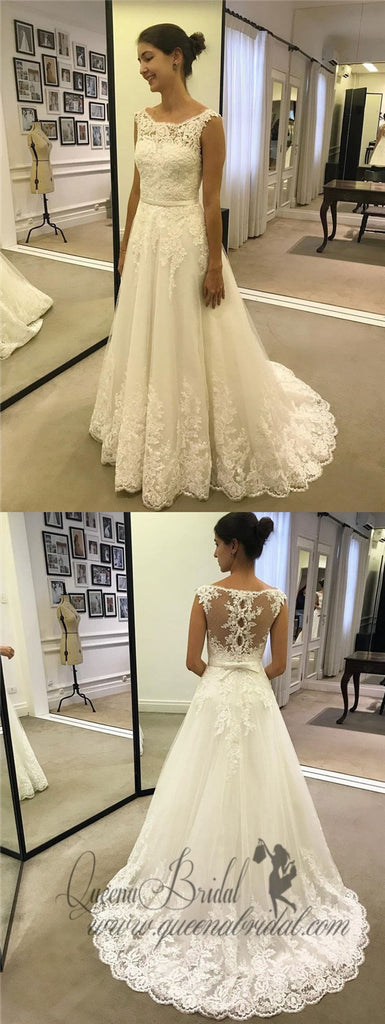 Cap Sleeves A line Bateau Lace A line Cheap Wedding Dresses Online, QB0381