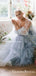 Cute Lovely Square Neckline Long Sleeves Blue Tulle Long Cheap Wedding Dresses, QB0937