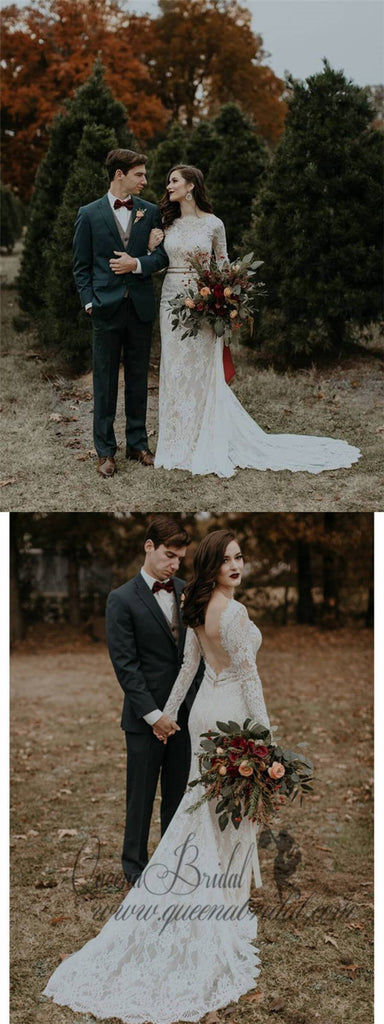 Long Sleeve Vintage Wedding Dresses Backless Rustic Lace Wedding Dresses, QB0323