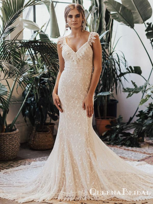 Charming Elegant Cute V-neck Sleeveless Long Cheap Mermaid Side Slit Lace Wedding Dresses, QB0933