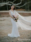 Charming V-neck Off-White Lace Mermaid Long Cheap Wedding Dresses, WDS0011