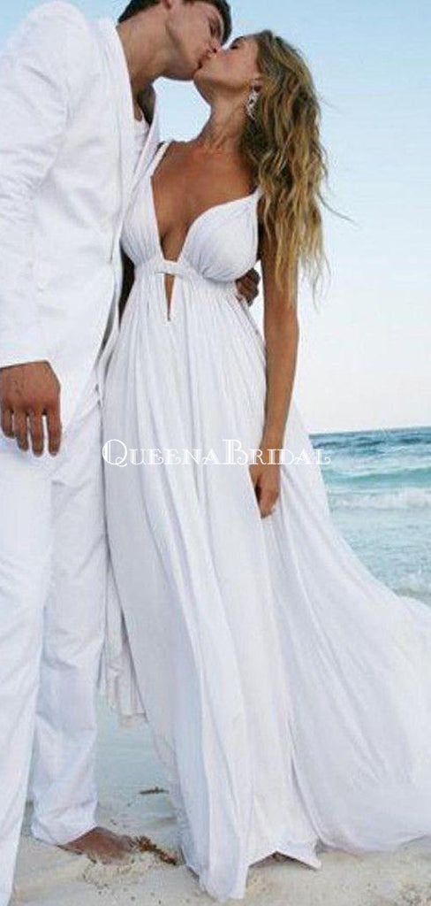 Unique Sexy Simple Casual Cheap White Beach Wedding Dresses, WD309