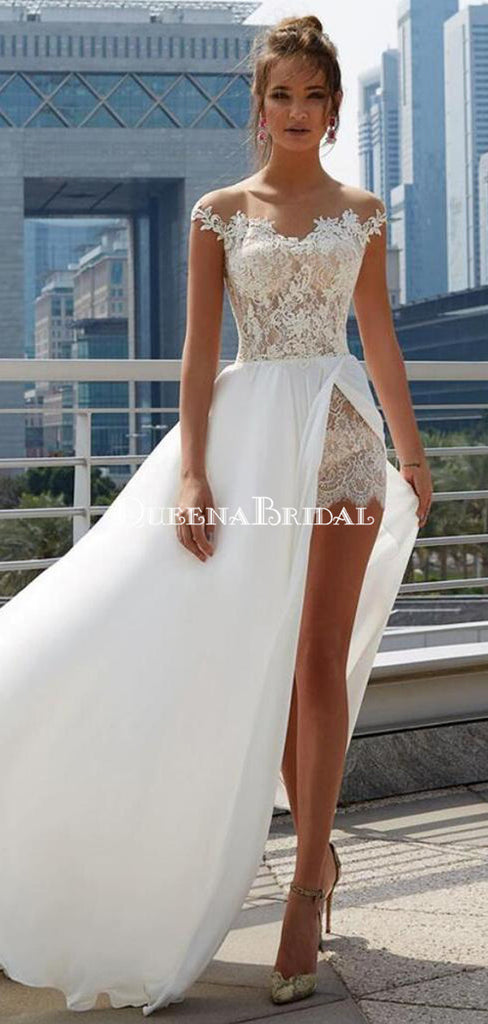 Off Shoulder See Through Cheap Wedding Dresses Online, Side Slit A-line Bridal Dresses, QB0383