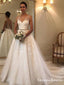 Elegant V-neck Lace A-line Long Cheap Wedding Dresses, WDS0034