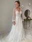 Long Sleeves V-neck Ivory Sequin Lace Backless Long Cheap Wedding Dresses, WDS0054