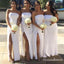 White Strapless Sleeveless Side Slit Satin Long Bridesmaid Dresses, QB0674