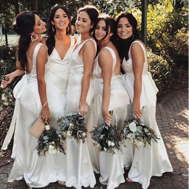 Charming Mermaid White V-neck Split Backless Bridesmaid Dresses, QB0643