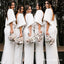 Sheath V-Neck Long Cheap White Satin Bridesmaid Dresses with Long Sleeves, QB0705