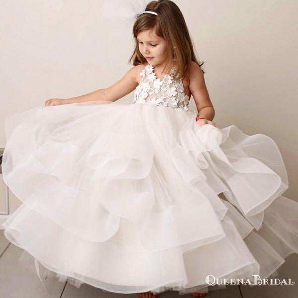 A-Line Round Neck Tiered White Organza Flower Girl Dresses with Lace Applique, QB0076