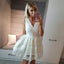 A-Line V-Neck Short Cheap White Homecoming Dresses with Appliques, QB0058