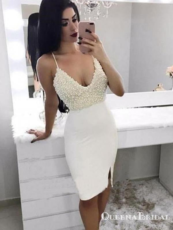 Sexy V-neck Spaghetti Strap Short Homecoming Dresses With Heavy Beaded, QB0865