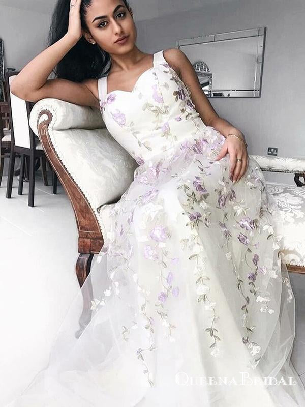 2019 Elegant A-Line Straps Long White Prom Dresses with Appliques, QB0494