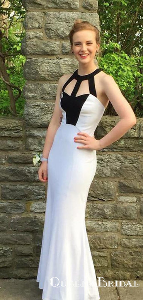 Charming White Halter Long Sheath Cheap Prom Dresses, QB0784