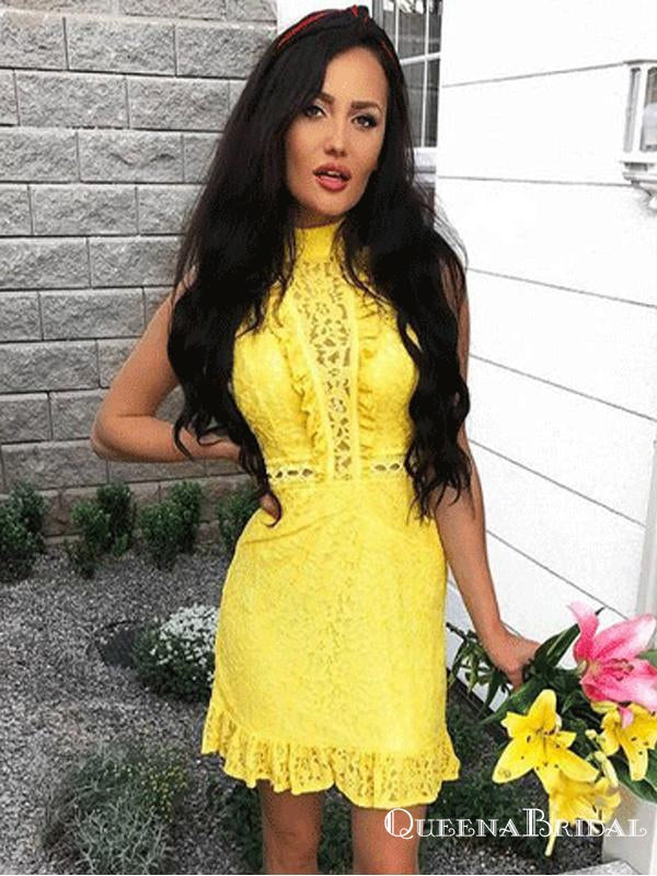 Elegant Sheath High Neck Sleeveless Yellow Lace Homecoming Dresses, QB0889