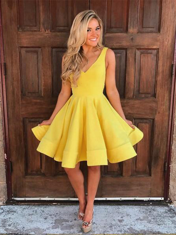 Simple A-Line V-Neck Sleeveless Short Yellow Cheap Homecoming Dresses, QB0042