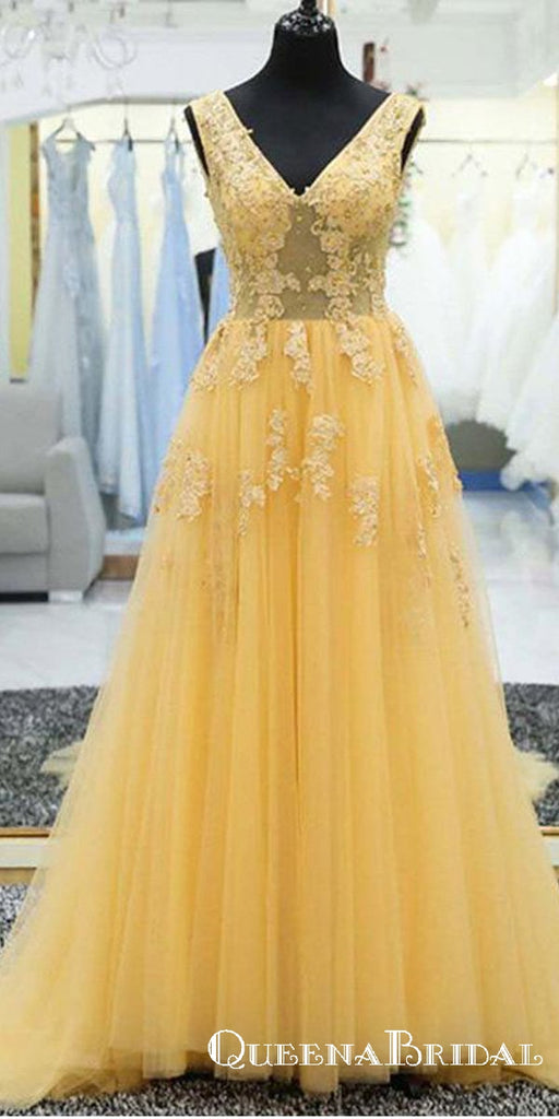 A Line V Neck Modest Cheap Long Yellow Prom Dresses With Applique, QB0691